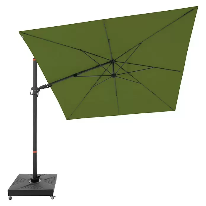 Doppler Ampelschirm myZone AX - Kiwi, Bespannungsmaß (L x B): 280 x 280 cm - Grüner Ampelschirm mit dunkelgrauem Mast und rollbarem quadratischem Fuß für den Außenbereich.