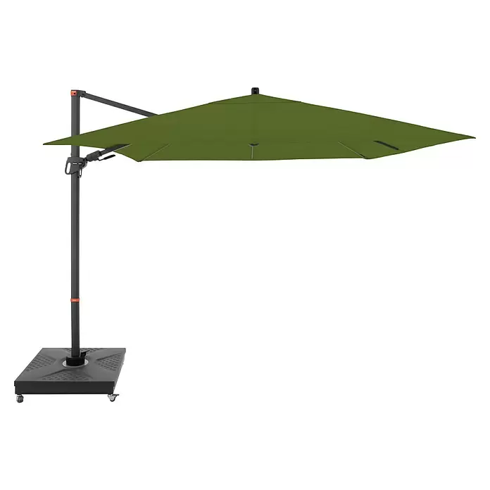 Doppler Ampelschirm myZone AX - Kiwi, Bespannungsmaß (L x B): 280 x 280 cm - Olivgrüner Ampelschirm mit quadratischem Schirmdach und dunkelgrauem Seitenmast sowie mobilem Standfuß.