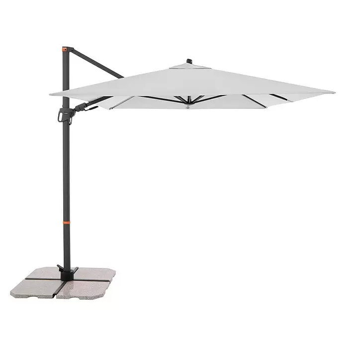 Doppler Ampelschirm myZone AX - Hellgrau, Bespannungsmaß (L x B): 320 x 240 cm - Ein grauer Ampelschirm mit weißem Schirmdach und vierteiligem grauem Standfuß.
