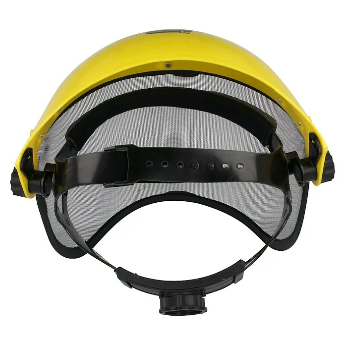 Garland Pantalla protectora - Metal - Imagen de un casco protector amarillo con visera. El casco de seguridad tiene una visera de malla y una diadema ajustable para una comodidad óptima.