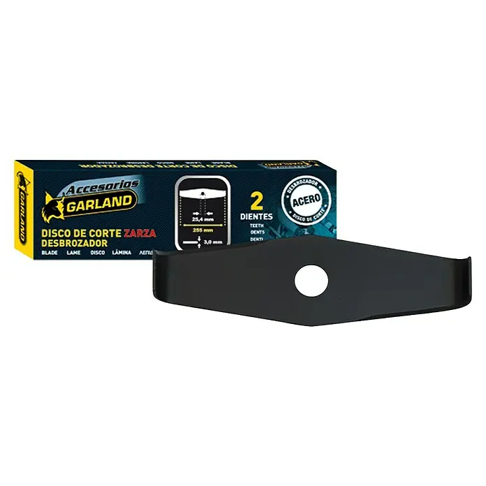 Garland Disco de corte de 2 dientes para desbrozadora - Diámetro: 30,5 cm, Específico para: Desbrozadora de más de 40 cc, 1 ud. - Primer plano de una desbrozadora de doble hoja GARLAND con embalaje, que muestra las especificaciones de tamaño y material.