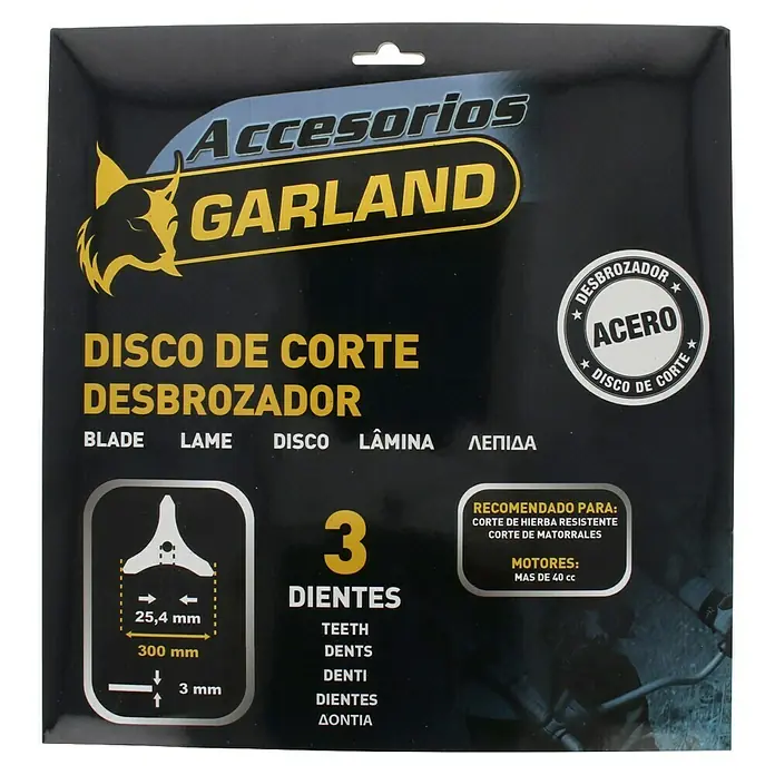 Garland Disco de corte de 3 dientes para desbrozadora - Diámetro: 30 cm, Específico para: Desbrozadora de más de 40 cc, 1 ud. - Imagen de un paquete de accesorios Garland con una cuchilla de corte de 3 dientes para desbrozadoras.