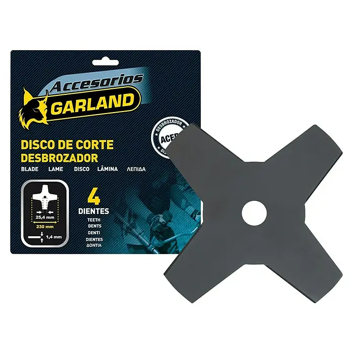 Garland Disco de corte de 4 dientes para desbrozadora - Diámetro: 23 cm, Específico para: Desbrozadora de más de 25 cc, 1 ud. - En la imagen se muestra una cuchilla de corte Garland para desbrozadoras con cuatro dientes y el embalaje, ideal para el jardín.