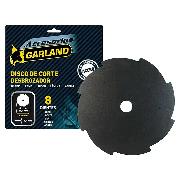 Garland Disco de corte de 8 dientes para desbrozadora - Diámetro: 23 cm, Específico para: Desbrozadora de más de 25 cc, 1 ud. - Disco de corte para desbrozadora Garland: 8 dientes, 230 mm de diámetro, ideal para cortar hierba y maleza.