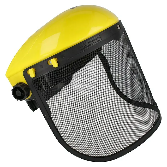 Garland Pantalla protectora - Metal - Un casco de seguridad amarillo para trabajadores forestales con una visera de malla negra para proteger la cara de los residuos voladores.