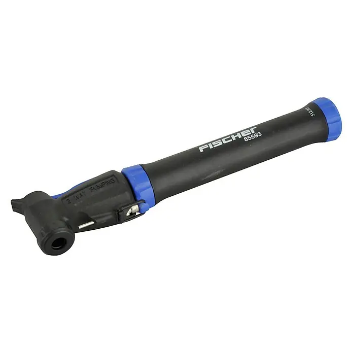 Fischer Mini-Luftpumpe - Doppelhub-Funktion - Eine schwarze Fahrradpumpe der Marke Fischer mit blauen Akzenten. Ideal für unterwegs, um Reifen schnell aufzupumpen.