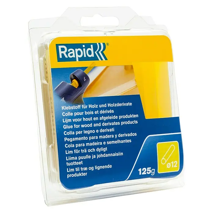 Rapid Klebepatronen - Geeignet für: Holz, 12 mm, Honigfarben, 125 g - Bild einer Packung Rapid Klebstoff für Holz und Holzderivate, mit mehrsprachiger Beschreibung und Angabe des Durchmessers.