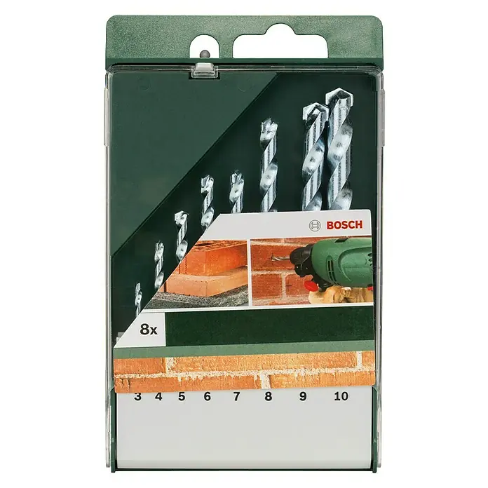 Bosch Beton- & Steinbohrer - 8 -tlg. - Das Bild zeigt ein Set mit acht Steinbohrern von Bosch, verpackt in einer grünen Kunststoffbox mit Größenangaben.