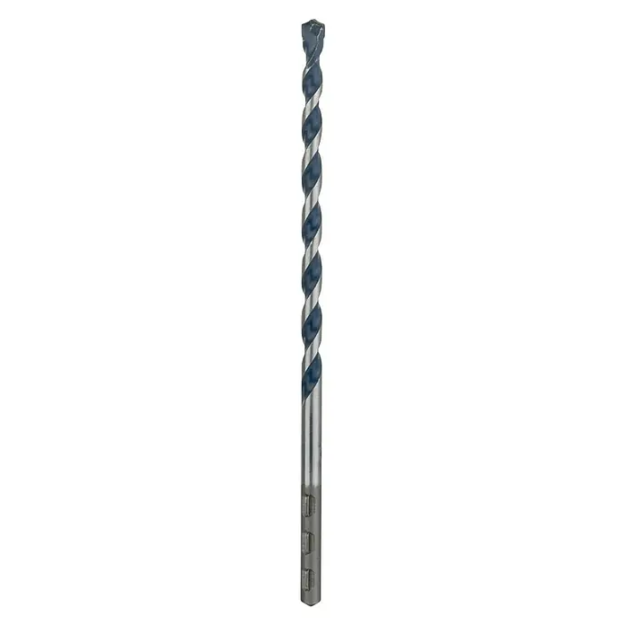 Bosch Beton- & Steinbohrer CYL-5 - Durchmesser Bohrer: 6 mm, Arbeitslänge: 100 mm - Bild einer langen, spiralförmigen Steinbohrkrone mit grauer Spitze und blau-silbernem Schaft für Bohrmaschinen.