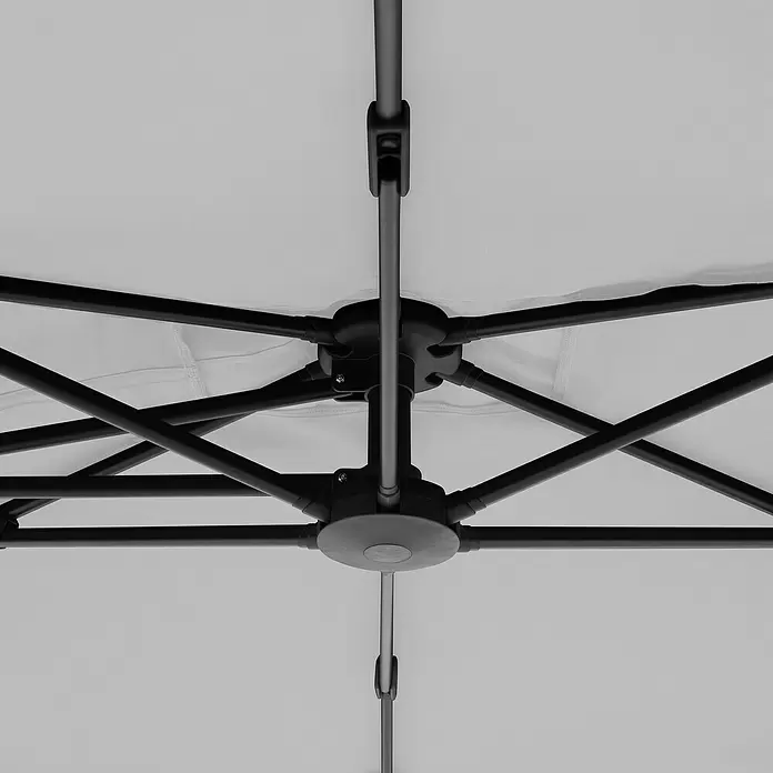 Doppler Active Ampelschirm Side City - Hellgrau, Bespannungsmaß (L x B): 240 x 135 cm - Schwarzes Metallgestell eines Pavillons oder Zeltes mit sich kreuzenden Stützstangen und zentralen Verbindungsstücken.