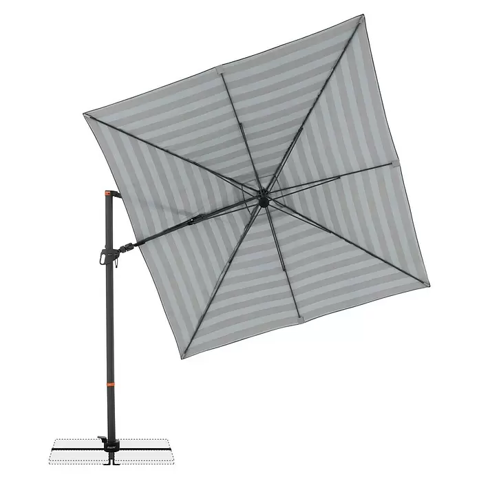 Doppler Ampelschirm myZone AX - Blockstreifen Anthrazit, Bespannungsmaß (L x B): 280 x 280 cm - Quadratischer Ampelschirm mit grau-weiß gestreiftem Bezug und dunkelgrauem Ständer.
