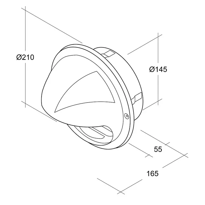 Air-Circle Design-Ablufthaube - Durchmesser Anschlussstutzen: 150 mm, Mit Fliegennetz, Edelstahl - Eine detaillierte Skizze einer modernen Wandleuchte mit den Maßen Ø210, Ø145, 55 und 165, die das Design und die Proportionen hervorhebt.