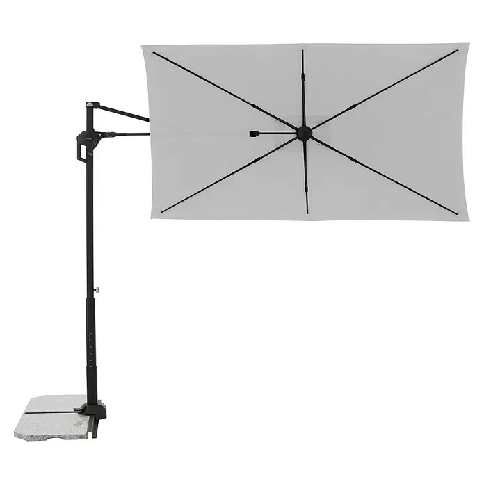 Doppler Active Ampelschirm Side City - Hellgrau, Bespannungsmaß (L x B): 240 x 135 cm - Weißer rechteckiger Ampelschirm mit schwarzem Seitenmast und grauem Sockel, zeigt die sternförmige Dachstützstruktur.