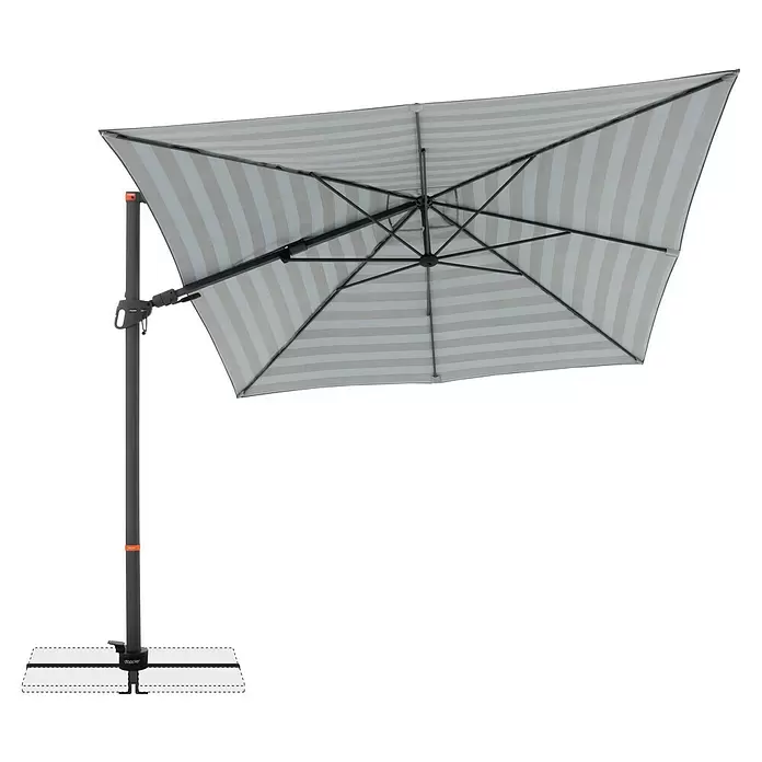 Doppler Ampelschirm myZone AX - Blockstreifen Anthrazit, Bespannungsmaß (L x B): 280 x 280 cm - Abgewinkelter Ampelschirm mit grau-weiß gestreiftem Schirmdach, dunkelgrauem Mast und Sockel.