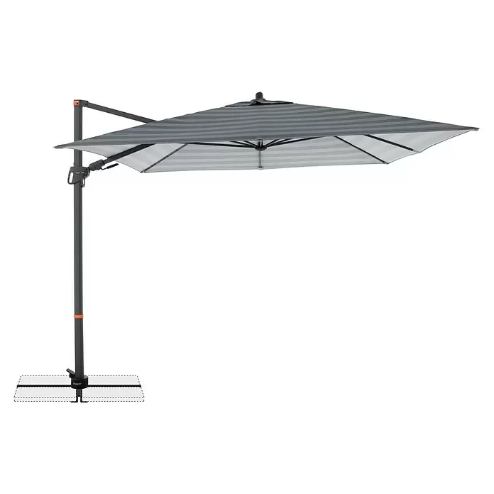 Doppler Ampelschirm myZone AX - Blockstreifen Anthrazit, Bespannungsmaß (L x B): 280 x 280 cm - Grau-weiß gestreifter Ampelschirm mit dunkelgrauem Gestell und weißem Standfuß.