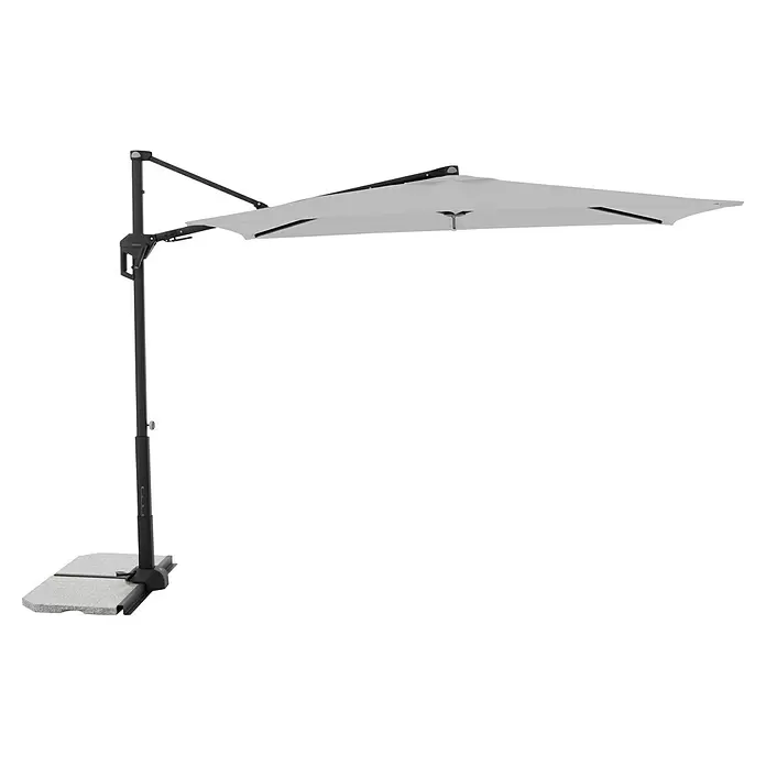 Doppler Active Ampelschirm Side City - Hellgrau, Bespannungsmaß (L x B): 240 x 135 cm - Heller, rechteckiger Ampelschirm mit dunkelgrauem Metallrahmen und schwerem Steinsockel für den Außenbereich.