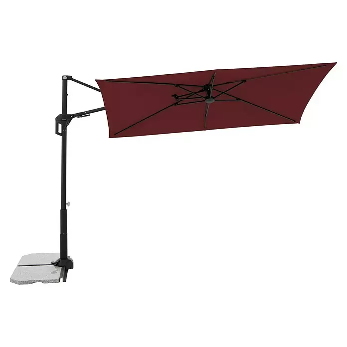 Doppler Active Ampelschirm Side City - Rot, Bespannungsmaß (L x B): 240 x 135 cm - Rechteckiger, bordeauxroter Ampelschirm mit dunkelgrauem Gestell und solidem grauem Fuß für den Außenbereich.