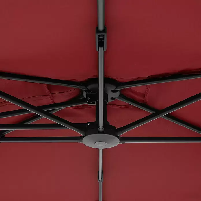 Doppler Active Ampelschirm Side City - Rot, Bespannungsmaß (L x B): 240 x 135 cm - Unterseite eines roten Pavillons mit schwarzem Metallrahmen und Kunststoffverbindungen.