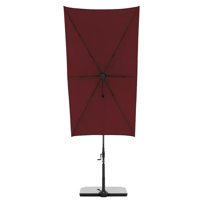 Doppler Active Ampelschirm Side City - Rot, Bespannungsmaß (L x B): 240 x 135 cm - Rechteckiger bordeauxroter Sonnenschirm, von unten gesehen, mit schwarzem Metallgestell, Stange und grauem Sockel.