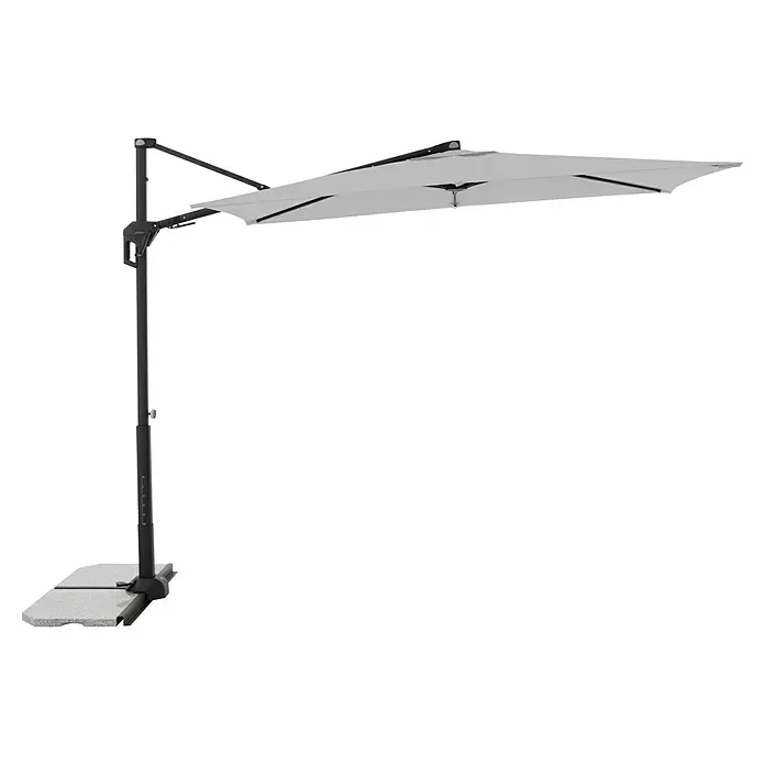 Doppler Active Ampelschirm Side City - Hellgrau, Bespannungsmaß (L x B): 240 x 135 cm - Grauer Ampelschirm mit dunklem Gestell und Standfuß, der mit Steinplatten beschwert ist.