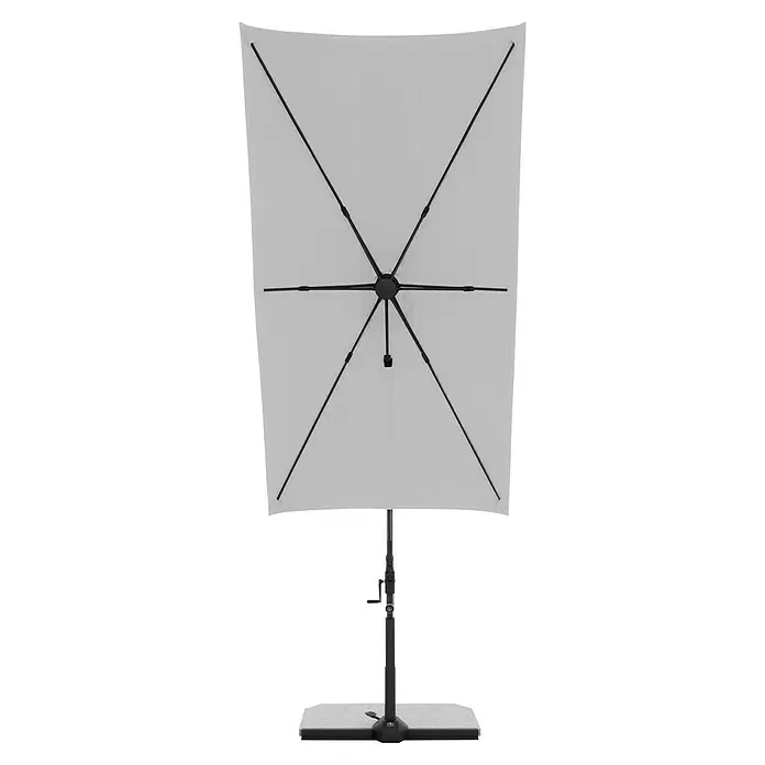 Doppler Active Ampelschirm Side City - Hellgrau, Bespannungsmaß (L x B): 240 x 135 cm - Quadratischer weißer Ampelschirm mit schwarzem Gestell und beschwertem Fuß, von unten gesehen.