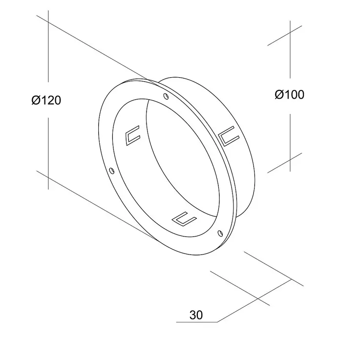 Air-Circle Schlauch-Anschlussstutzen - Durchmesser: 100 mm - Abbildung einer runden Installationsdose mit den Durchmessern 120 mm und 100 mm, Tiefe 30 mm, in isometrischer Ansicht.