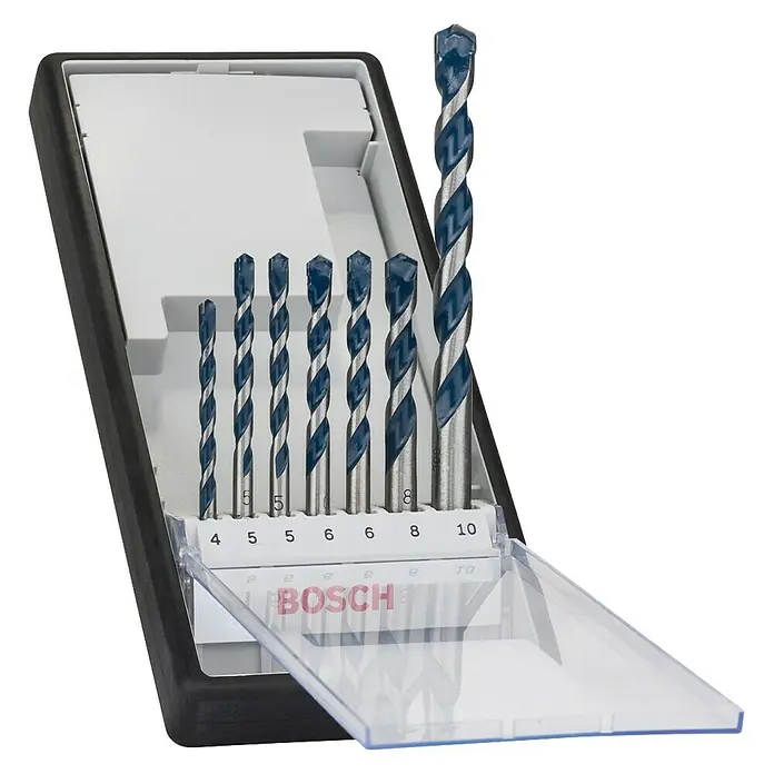 Bosch Broca para hormigón y mampostería - 7 ud., Diámetro de la broca: 8 mm - Un juego de brocas Bosch de varios tamaños bien guardadas en una caja negra con tapa transparente.