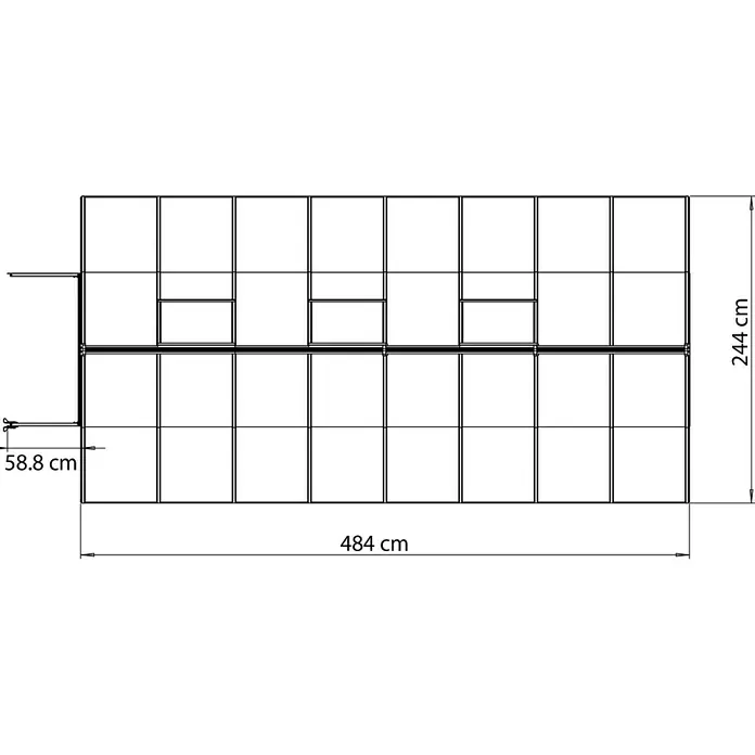 Palram – Canopia Gewächshaus Bella - Außenmaß inkl. Dachüberstand (B x T): 244 x 489 cm, 6 mm, Silber - Schematische Darstellung eines Gewächshauses mit Maßangaben (484 cm x 244 cm) und einer Seitenansicht (58,8 cm).