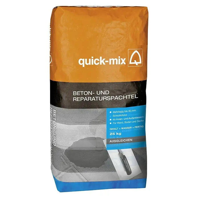 Quick-Mix Beton- & Reparaturspachtel - 25 kg - Abbildung eines Sackes Quick-Mix Beton- und Reparaturspachtel, ideal für schnelle Reparaturen und Ausgleichsarbeiten im Innen- und Außenbereich.