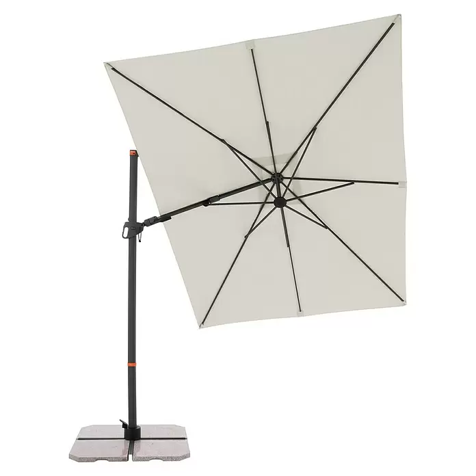 Doppler Ampelschirm myZone AX - Natur, Bespannungsmaß (L x B): 320 x 240 cm - Quadratischer, cremefarbener Ampelschirm mit dunkelgrauem Mast und beschwertem Fuß für Schatten im Freien.