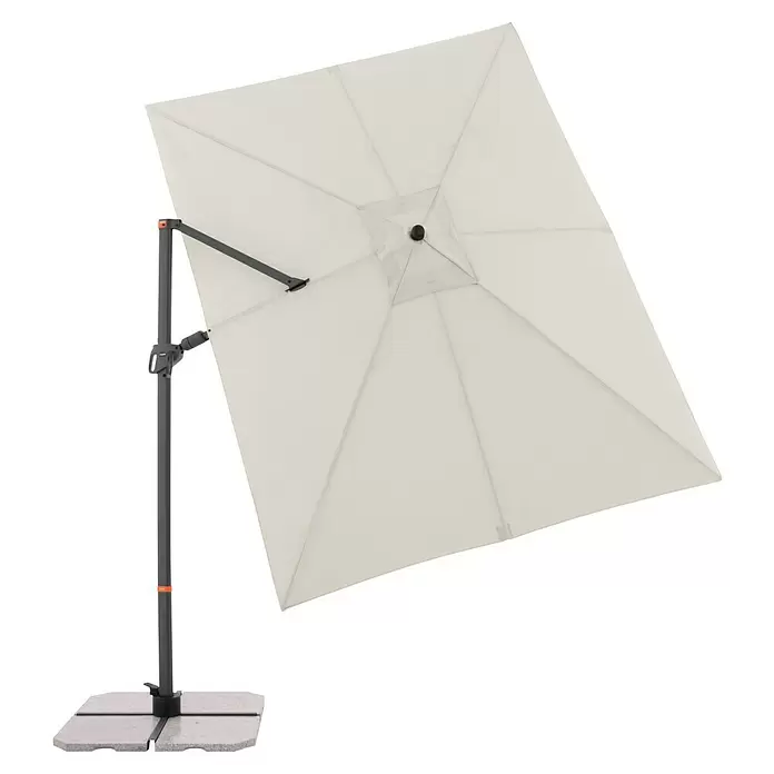 Doppler Ampelschirm myZone AX - Natur, Bespannungsmaß (L x B): 320 x 240 cm - Eine Draufsicht auf einen beigen, quadratischen Ampelschirm mit dunkelgrauem Mast und vierteiligem Betonfuß.