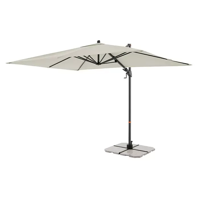 Doppler Ampelschirm myZone AX - Natur, Bespannungsmaß (L x B): 320 x 240 cm - Beiger quadratischer Freiarmschirm mit dunkelgrauem Gestell, Kurbelmechanismus und Steinplattenfuß.