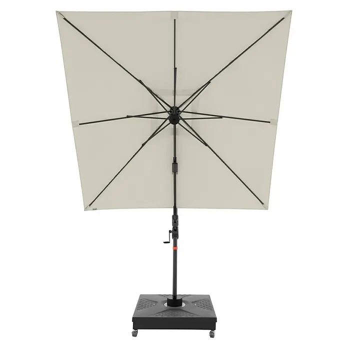 Doppler Ampelschirm myZone AX - Natur, Bespannungsmaß (L x B): 210 x 210 cm - Ansicht des weißen Sonnenschirms mit schwarzem Gestell und Fuß für den Außenbereich, ideal für Garten oder Terrasse.