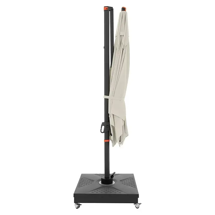 Doppler Ampelschirm myZone AX - Natur, Bespannungsmaß (L x B): 280 x 280 cm - Geschlossener Sonnenschirm mit dunklem Ständer. Der Schirm ist beige und am Mast befestigt. Ideal für den Garten.