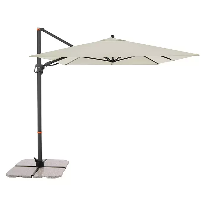 Doppler Ampelschirm myZone AX - Natur, Bespannungsmaß (L x B): 320 x 240 cm - Cremefarbener Freiarmschirm mit dunkelgrauem Gestell und stabilem vierteiligem Standfuß.