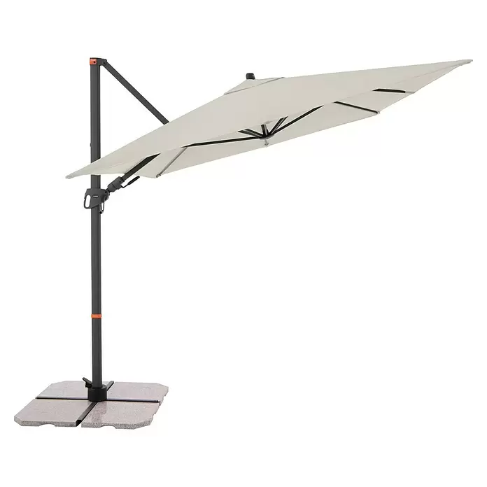 Doppler Ampelschirm myZone AX - Natur, Bespannungsmaß (L x B): 320 x 240 cm - Creme-farbener Ampelschirm mit dunkelgrauem Metallrahmen und Steinplattenfuß.