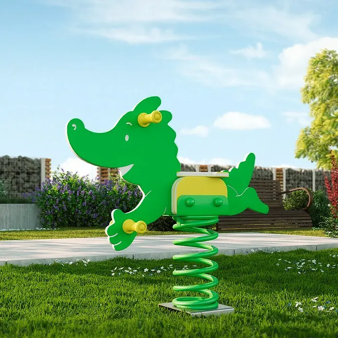Weka Federwippe Tabaluga - Grün, Höhe: 95 cm - Grünes Krokodil-Wipptier mit gelben Griffen auf einem Spielplatz. Ideal für Kinder zum Spielen und Spaßhaben im Freien.