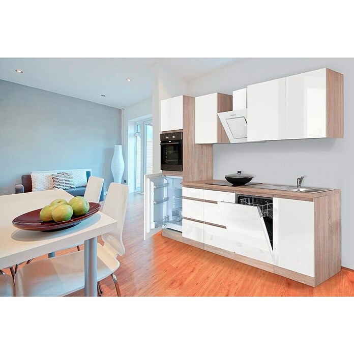 Respekta Premium Composición de cocina (Ancho: 280 cm, Con dispositivos eléctricos, Blanco de alto brillo)