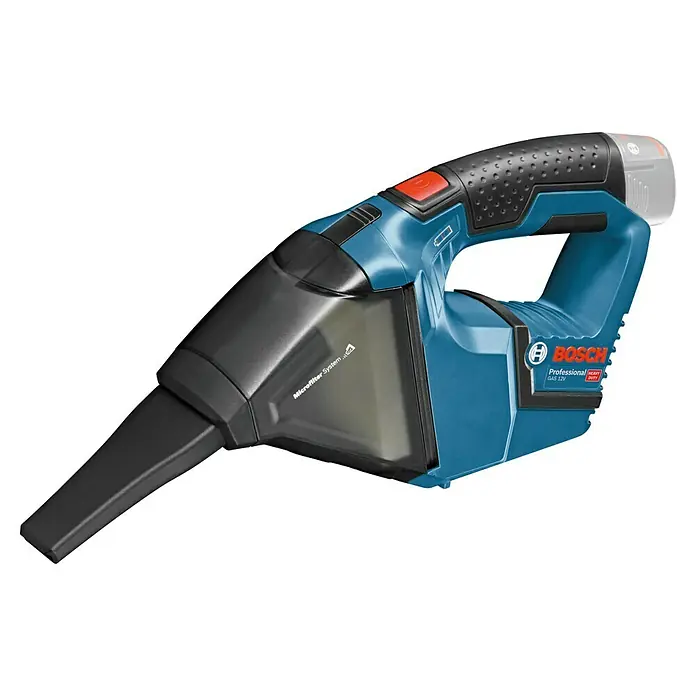 Bosch Professional Aspirador de mano de batería GAS 12V - 12 V, Iones de litio, Sin batería, Volumen de aire: 15 l/s - El aspirador de mano inalámbrico azul Bosch GAS 12V, una herramienta profesional para tareas de limpieza. Diseño compacto y poder de succión eficiente.