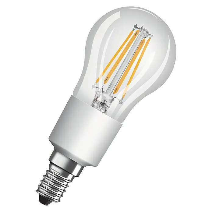 Osram LED-Lampe Tropfenform E14 klar - E14, Dimmbar, Warmweiß, 470 lm, 4,5 W - Nahaufnahme einer klaren LED-Filamentlampe mit E14-Sockel, die eine energieeffiziente Beleuchtungslösung für Ihr Zuhause bietet.