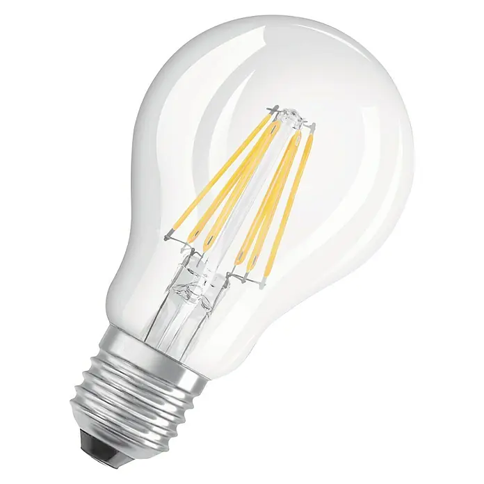 Osram LED-Lampe Glühlampenform E27 - E27, Dimmbar, Warmweiß, 806 lm, 7 W - Nahaufnahme einer klaren LED-Filamentlampe mit silbernem Sockel und warmweißen Glühfäden.