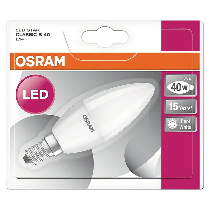 Osram LED-Lampe Kerzenform E14 matt - E14, Nicht Dimmbar, Kaltweiß, 470 lm, 5 W - Aufnahme der LED Star Classic B 40 E14 Glühbirne von Osram, die Energieeffizienz mit einer langen Lebensdauer von 15 Jahren kombiniert.