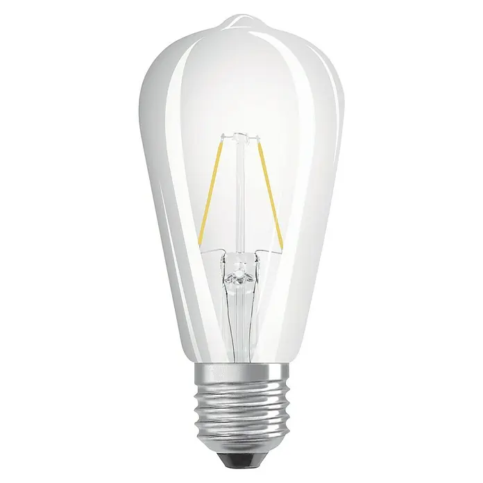 Osram LED-Lampe Vintage Glühlampenform E27 - E27, Nicht Dimmbar, Warmweiß, 250 lm, 2 W - Nahaufnahme einer klaren, dimmbaren LED-Filamentlampe in Tropfenform mit E27-Sockel für stimmungsvolle Beleuchtung.