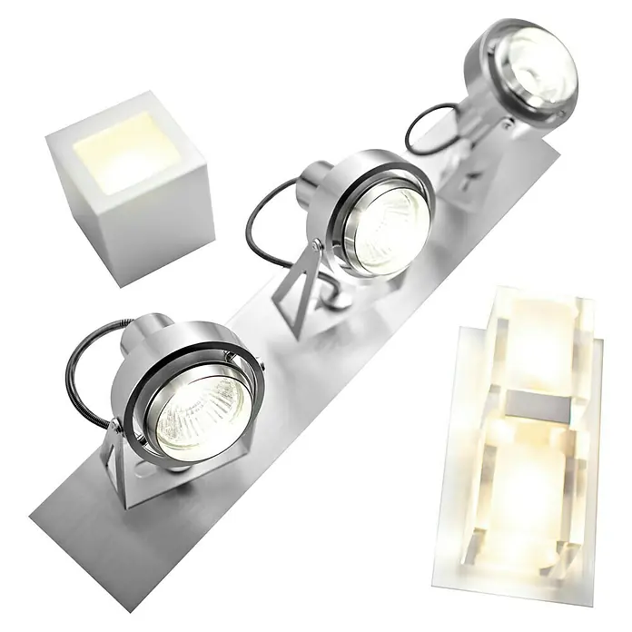 Voltolux Alu-Design Aplique de pared Carpi - 25 W, Plata - Imagen de un foco LED moderno con tres luces y dos luces adicionales. Diseño elegante para una iluminación con estilo.