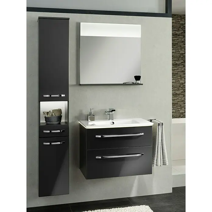 Camargue Star Hochschrank - 30,4 x 32,5 x 181,6 cm, Grafit, DIN Anschlag: Links - Modernes Badezimmer-Set in Schwarz, bestehend aus Waschbeckenunterschrank mit Schubladen, Hochschrank und beleuchtetem Spiegel mit Ablage.