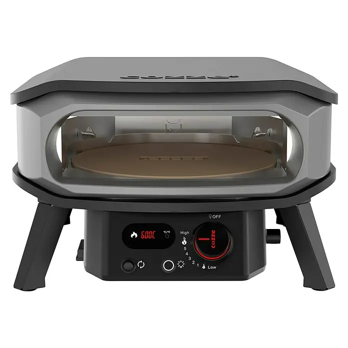 Cozze Pizzaofen Premium 13" - Grillfläche (B x T): 34 x 34 cm, 6 kW - Bild eines Cozze Pizzaofens mit digitaler Temperaturanzeige und Bedienfeld, ideal für das Backen authentischer Pizzen im Freien.