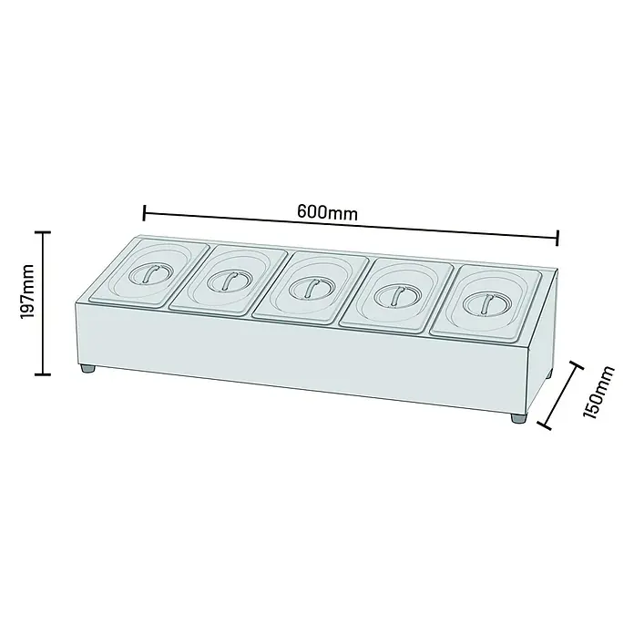 Cozze Toppingstation - Edelstahl, B x T x H: 60 x 20 x 15 cm - Abbildung eines 5-teiligen Gewürzregals, ideal für die Organisation von Küchenzutaten. Maße: 600 mm breit, 197 mm hoch und 150 mm tief.
