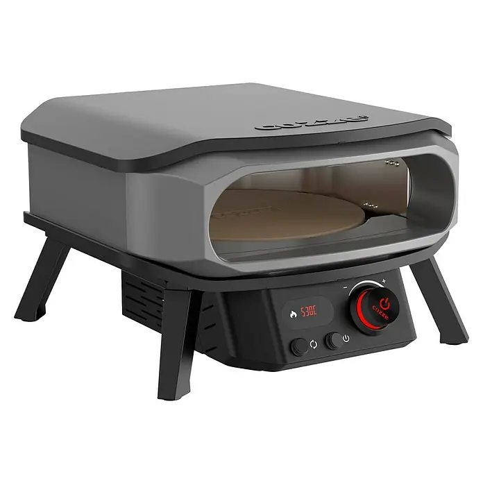 Cozze Pizzaofen Elektro Premium 13" - Grillfläche (B x T): 34 x 34 cm, 2,2 kW - Abbildung eines tragbaren Pizzaofens Cozze mit digitaler Steuerung, ideal für den Außenbereich, mit Steinplatte und Temperaturanzeige.