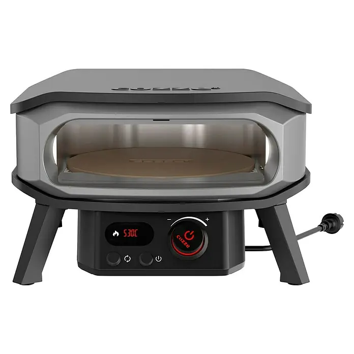 Cozze Pizzaofen Elektro Premium 13" - Grillfläche (B x T): 34 x 34 cm, 2,2 kW - Nahaufnahme eines Cozze Pizzaofens mit digitaler Temperaturanzeige und runder Pizzaplatte im Innenraum.