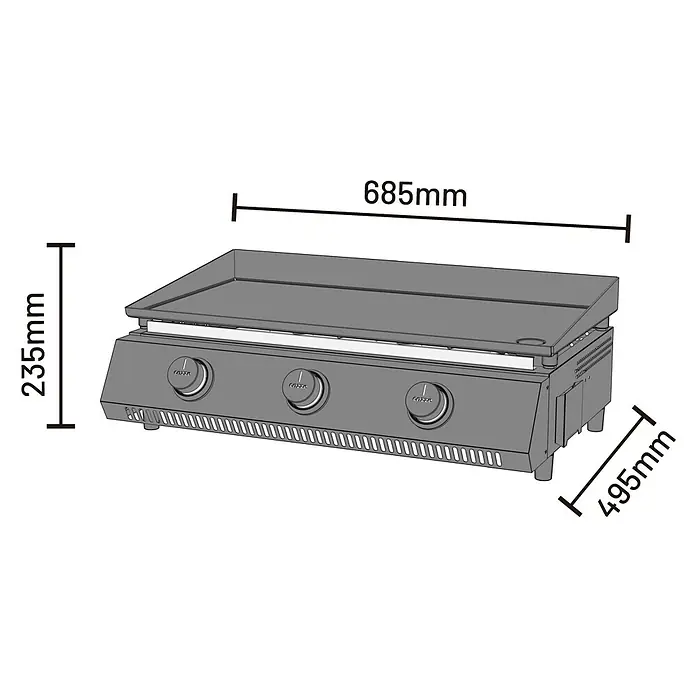 Cozze Plancha-Grill G 700 - Grillfläche (B x T): 66,5 x 35 cm, Anzahl Brenner: 3 Stk., Schwarz - Produktabbildung einer Kochplatte mit Größenangaben. Die Kochplatte hat eine Breite von 685mm, eine Höhe von 235mm und eine Tiefe von 495mm.
